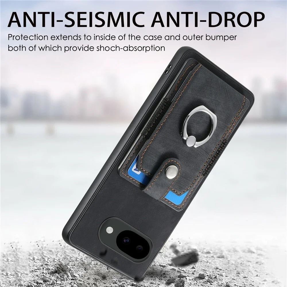 For Google Pixel 10a Case Kickstand Leather + TPU Non-Slip Protective Cover with Card Slots - Black - 2
