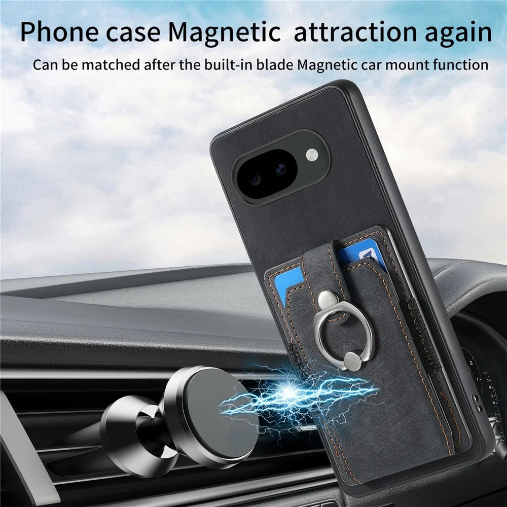 For Google Pixel 10a Case Kickstand Leather + TPU Non-Slip Protective Cover with Card Slots - Black - 4