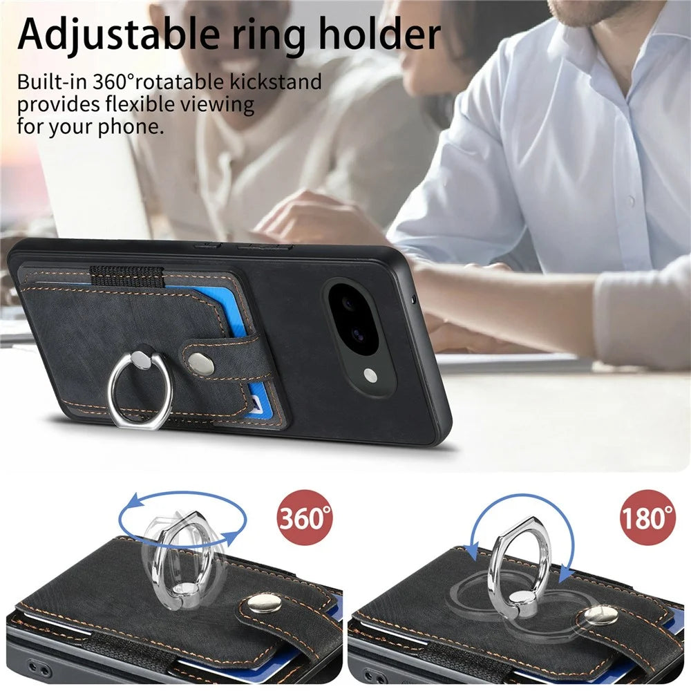 For Google Pixel 10a Case Kickstand Leather + TPU Non-Slip Protective Cover with Card Slots - Black - 5