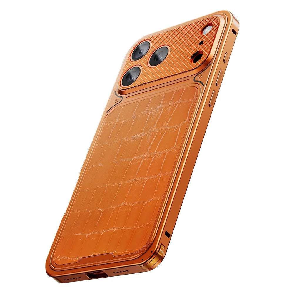 For iPhone 17 Pro Max Magnetic Case Metal Spring Buckle Leather Coated TPU Phone Cover - Orange - 1