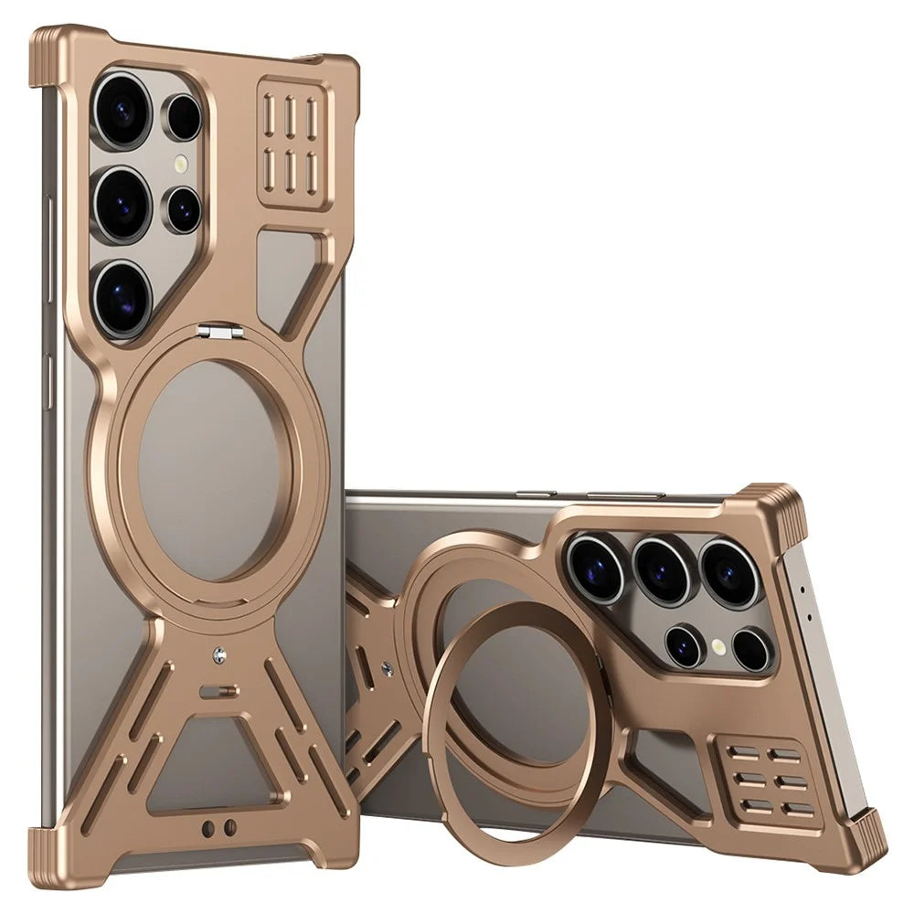 For Samsung Galaxy S26 Ultra Magnetic Bumper Case Rotating Kickstand Metal Phone Cover - Desert Gold - 1
