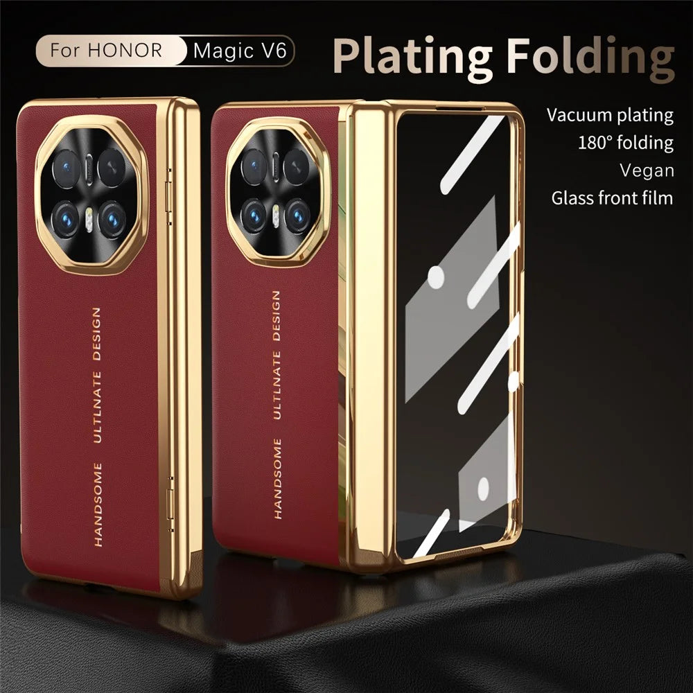 For Honor Magic V6 5G Case PU Leather + PC Electroplating Phone Cover with Tempered Glass Screen Film - Red - 3