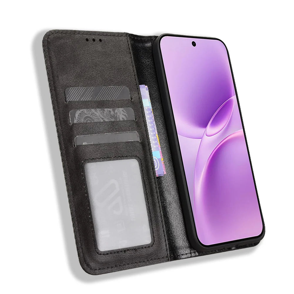 For vivo V70 FE 5G Leather Case Wallet Stand Retro Texture Phone Cover - Black - 6
