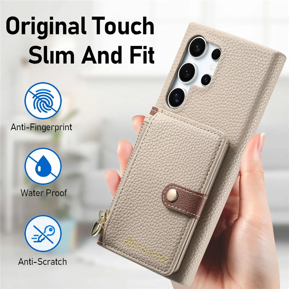 For Samsung Galaxy S26 Ultra Case with Zipper Card Holder Kickstand Litchi Grain Leather Back Cover - Khaki - 7