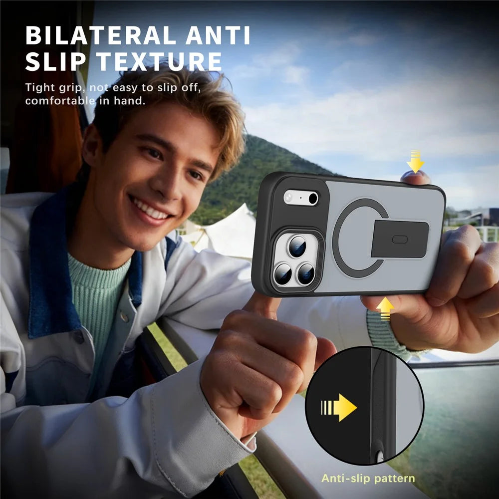 For iPhone 17 Pro Magnetic Case with Hidden Kickstand Shockproof TPU + PC Cover Compatible with MagSafe - Black - 2