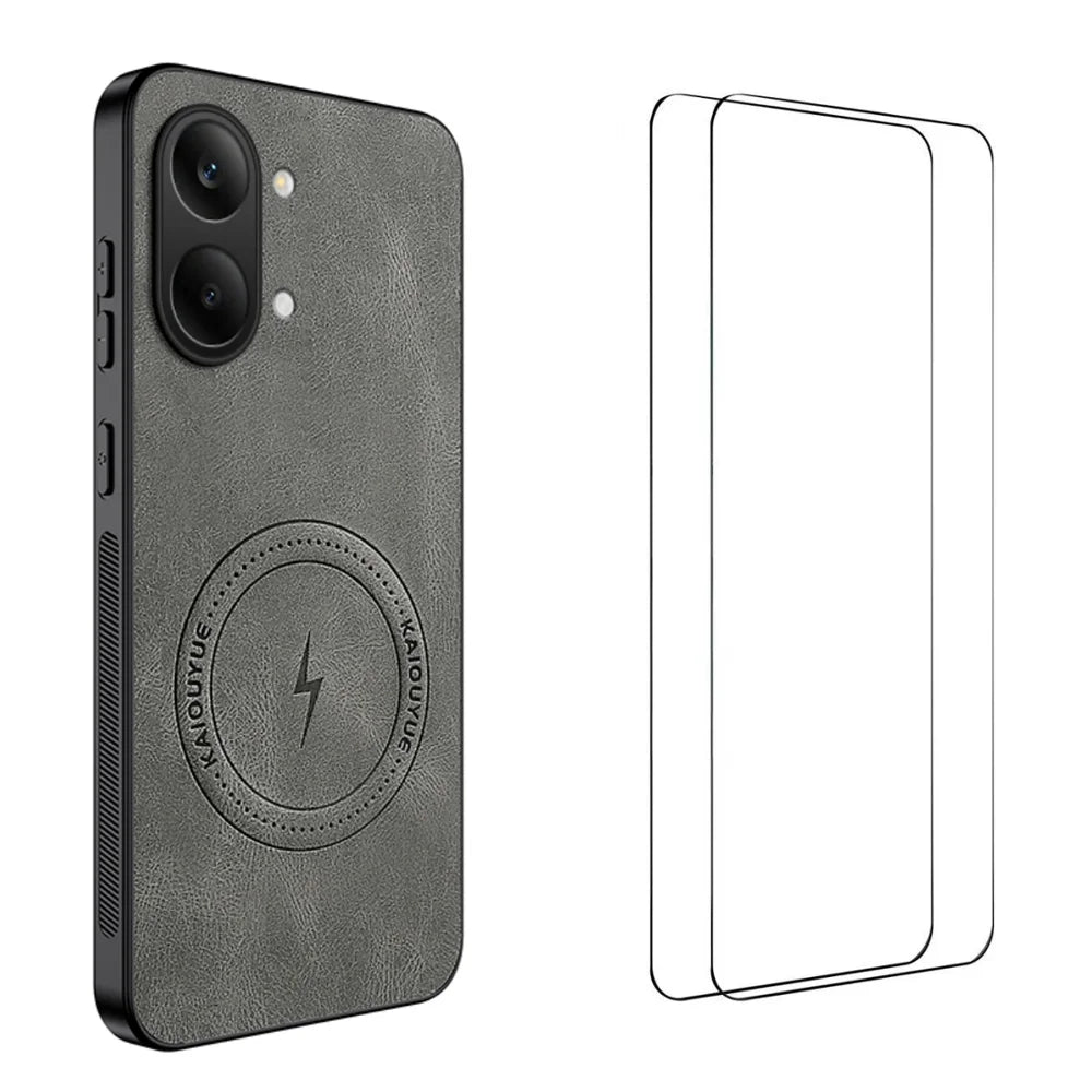 WANLONFENG For Xiaomi Poco X8 Pro Max 5G / Xiaomi Redmi Turbo 5 Max 5G SD Series Magnetic Case Nappa Texture PC TPU Phone Cover with 2Pcs Screen Film - Grey - 1