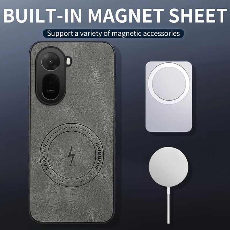 WANLONFENG For Xiaomi Poco C85x 5G / Redmi A7 Pro 4G (171.56mm) SD Series Magnetic Case Nappa Texture PC TPU Phone Cover with 2Pcs Screen Film - Grey - 2