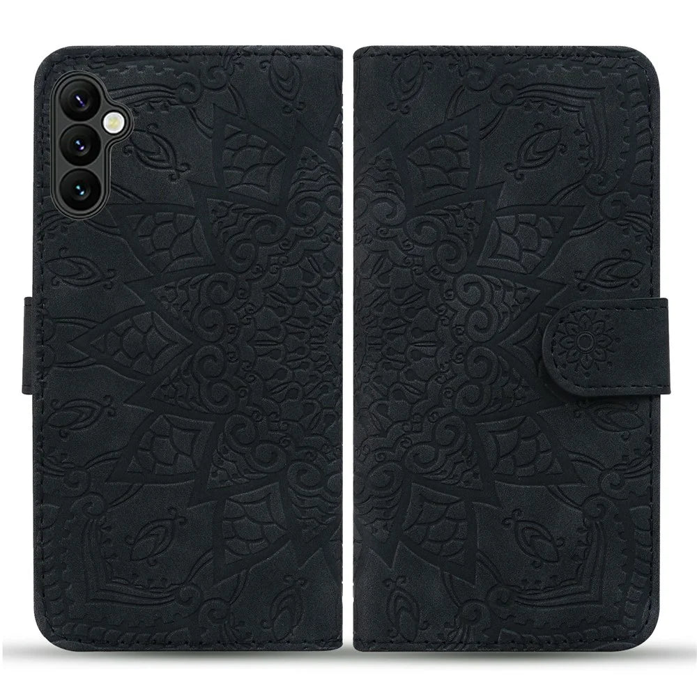 For Samsung Galaxy A57 5G Case Flower Imprinted PU Leather Wallet Flip Phone Cover with Wrist Strap - Black - 1