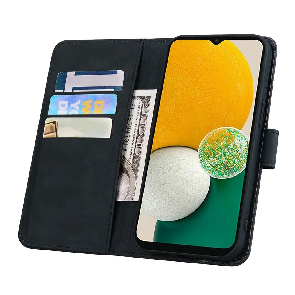 For Samsung Galaxy A37 5G Case Flower Imprinted PU Leather Wallet Flip Phone Cover with Wrist Strap - Black - 4