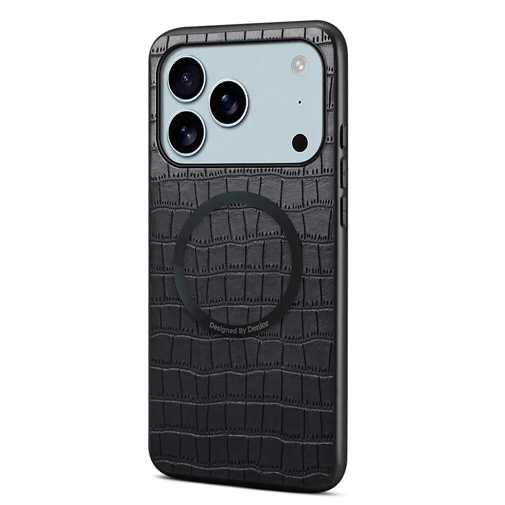 DENIOR A09+1 For iPhone 17 Pro Magnetic Case Crocodile Texture Leather Coated PC TPU Phone Cover - Black - 1