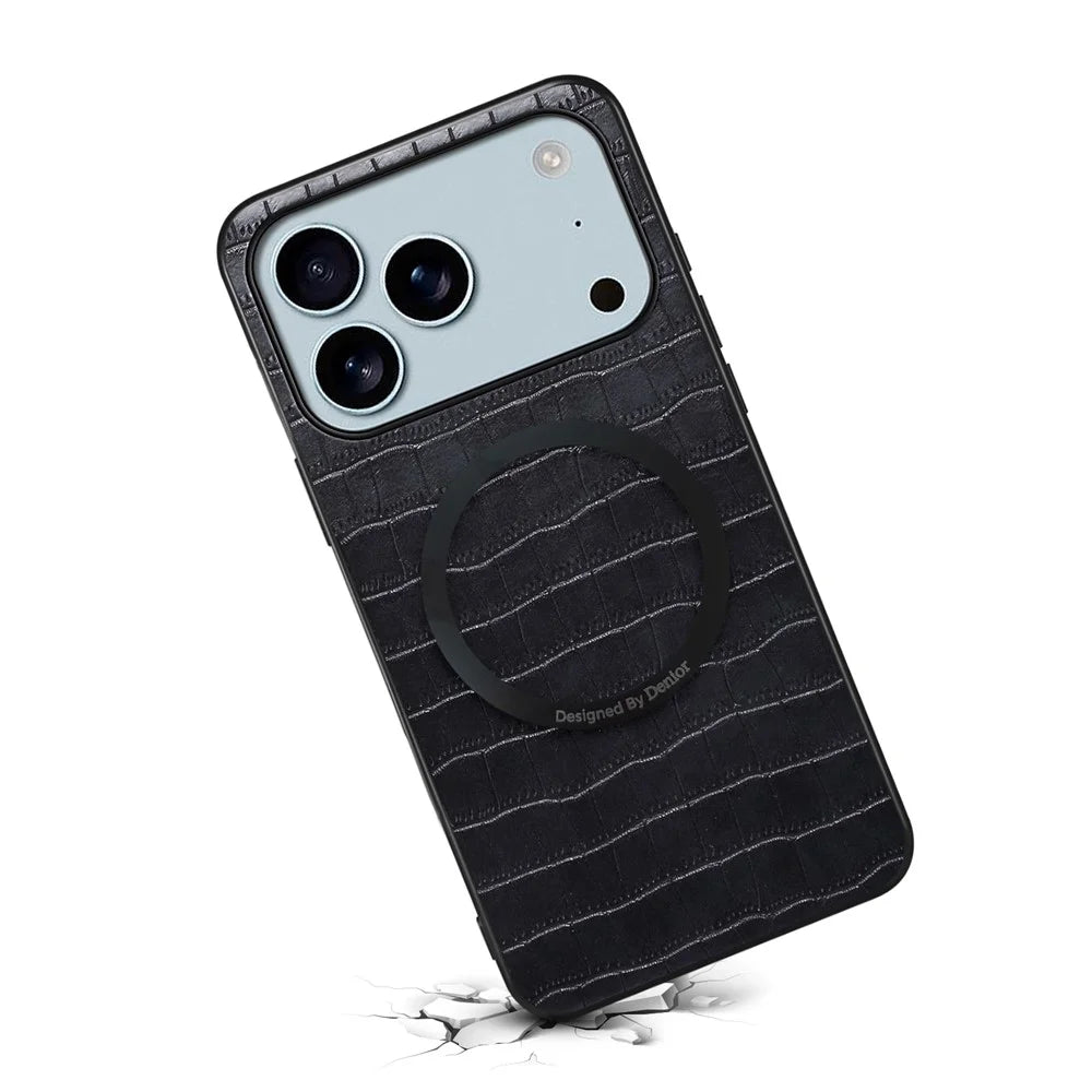 DENIOR A09+1 For iPhone 17 Pro Max Magnetic Case Crocodile Texture Leather Coated PC TPU Phone Cover - Black - 2