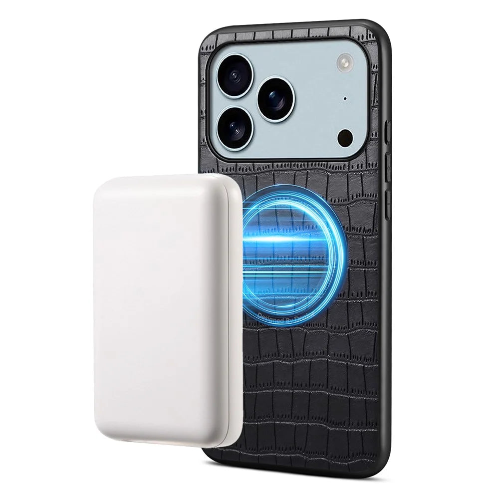 DENIOR A09+1 For iPhone 17 Pro Max Magnetic Case Crocodile Texture Leather Coated PC TPU Phone Cover - Black - 3