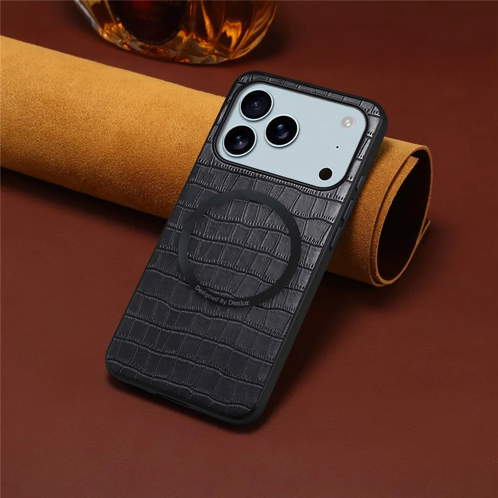 DENIOR A09+1 For iPhone 17 Pro Max Magnetic Case Crocodile Texture Leather Coated PC TPU Phone Cover - Black - 4