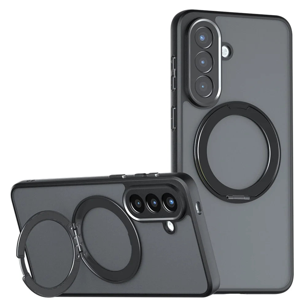 For Samsung Galaxy S26 Matte Skin-touch Magnetic Case 360° Rotating Kickstand Shockproof TPU + PC Phone Cover - Transparent Black - 1