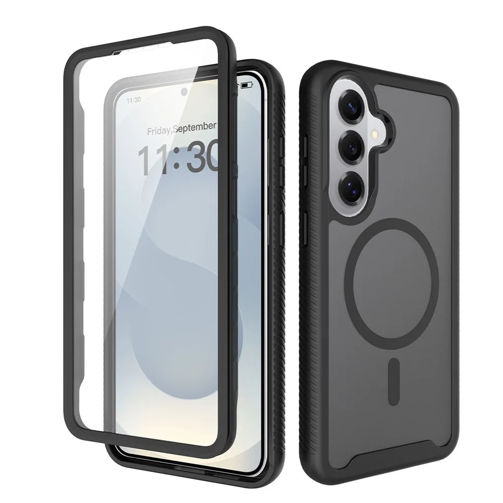 For Samsung Galaxy S25 Magnetic Phone Case 3 in 1 Translucent Skin Touch PC TPU Back Cover with PET Screen Film - Black - 3