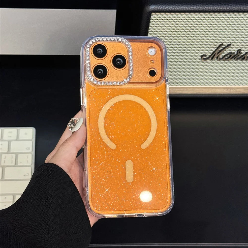 For iPhone 17 Pro Max Starlight Glitter Magnetic Case TPU + PC Shockproof Cover Compatible with Magsafe - Transparent Gold - 1