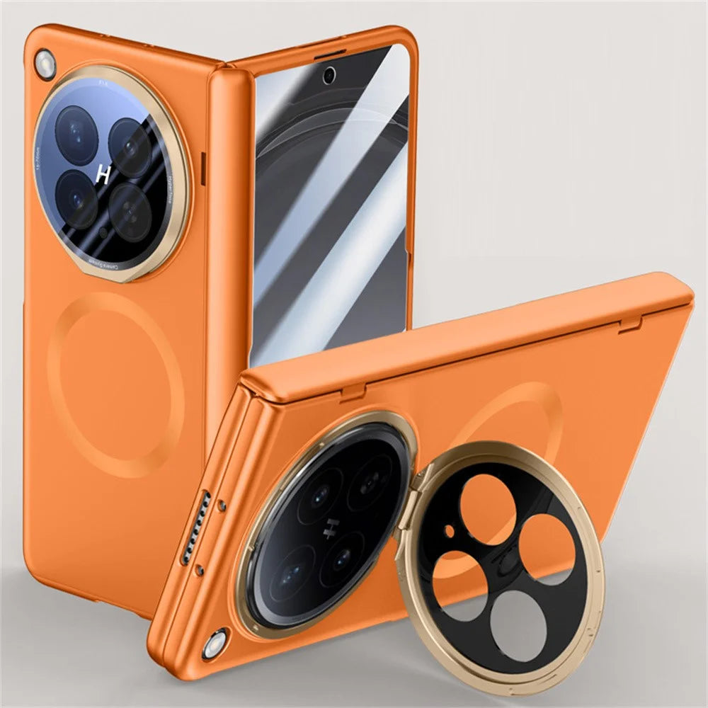 For Oppo Find N6 5G Magnetic Case with Anti-Spy Tempered Glass Film, Lens Cover Kickstand PC Phone Shell - Orange - 1