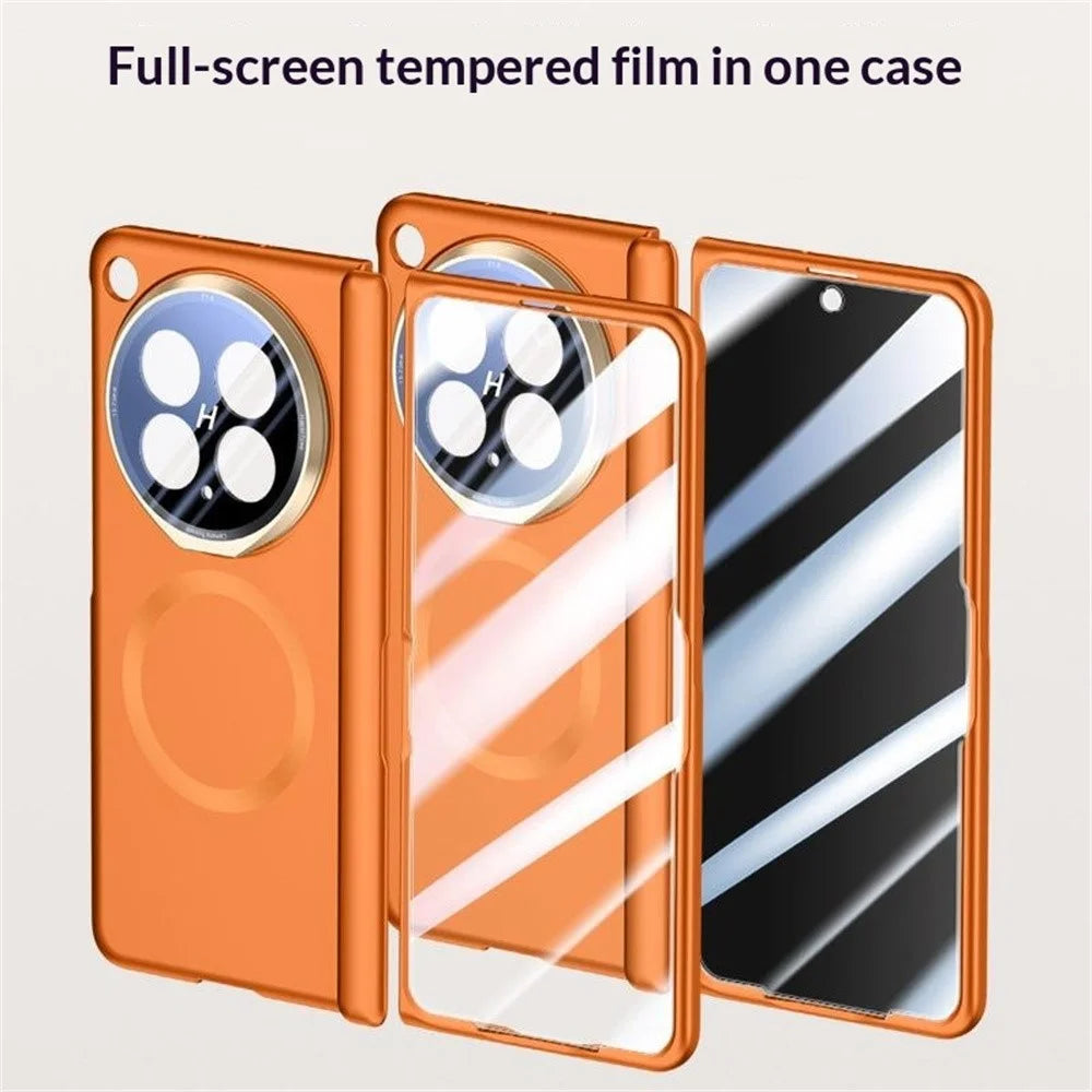 For Oppo Find N6 5G Magnetic Case with Anti-Spy Tempered Glass Film, Lens Cover Kickstand PC Phone Shell - Orange - 2