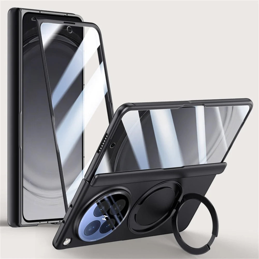 For Oppo Find N6 5G Magnetic Case with Anti-Spy Tempered Glass Film / Lens Protector, Hinge Rotary Kickstand PC Phone Cover - Black - 1