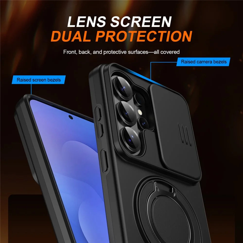 For Samsung Galaxy S26 Ultra Case Magnetic Case Ring Kickstand Slide Camera Cover TPU PC Hybrid Phone Shell - Black - 3