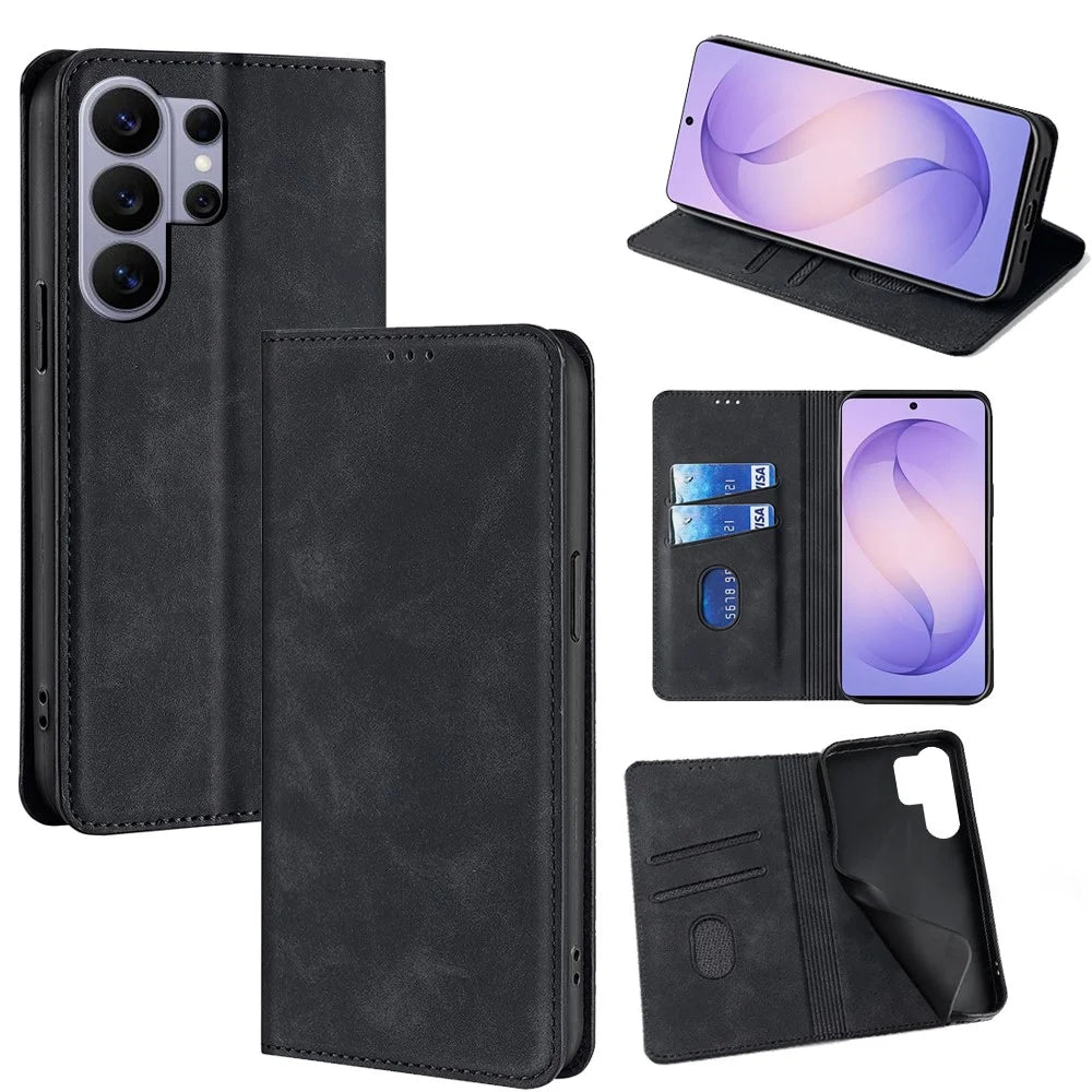For Samsung Galaxy S26 Ultra Case Card Holder PU Leather Magnetic Closing Phone Cover - Black - 1
