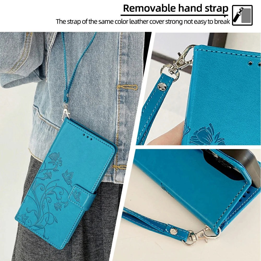 For Samsung Galaxy S26+ Case Butterfly Flower Imprinted PU Leather Wallet Phone Cover - Blue - 7