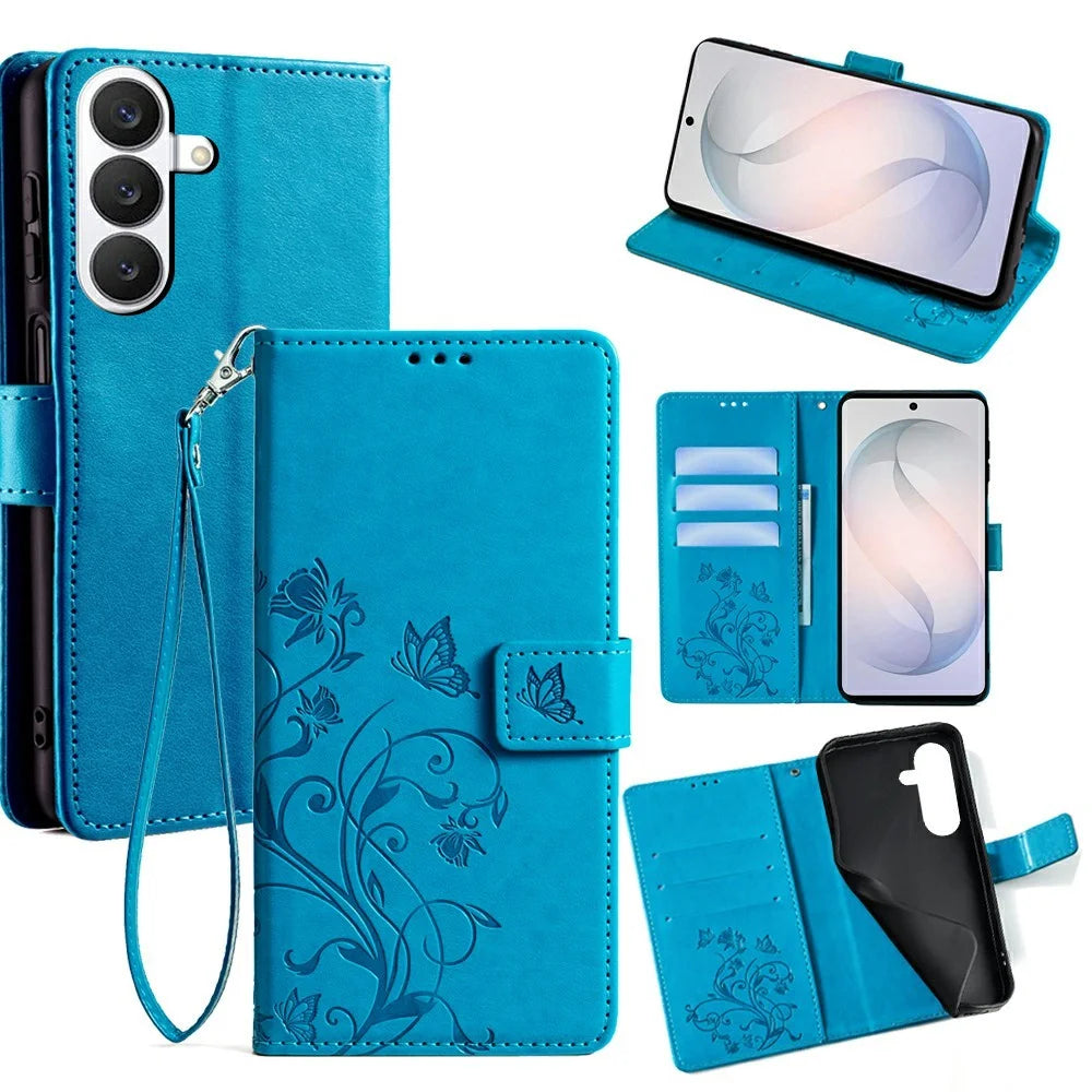 For Samsung Galaxy S26 Case Butterfly Flower Imprinted PU Leather Wallet Phone Cover - Blue - 1