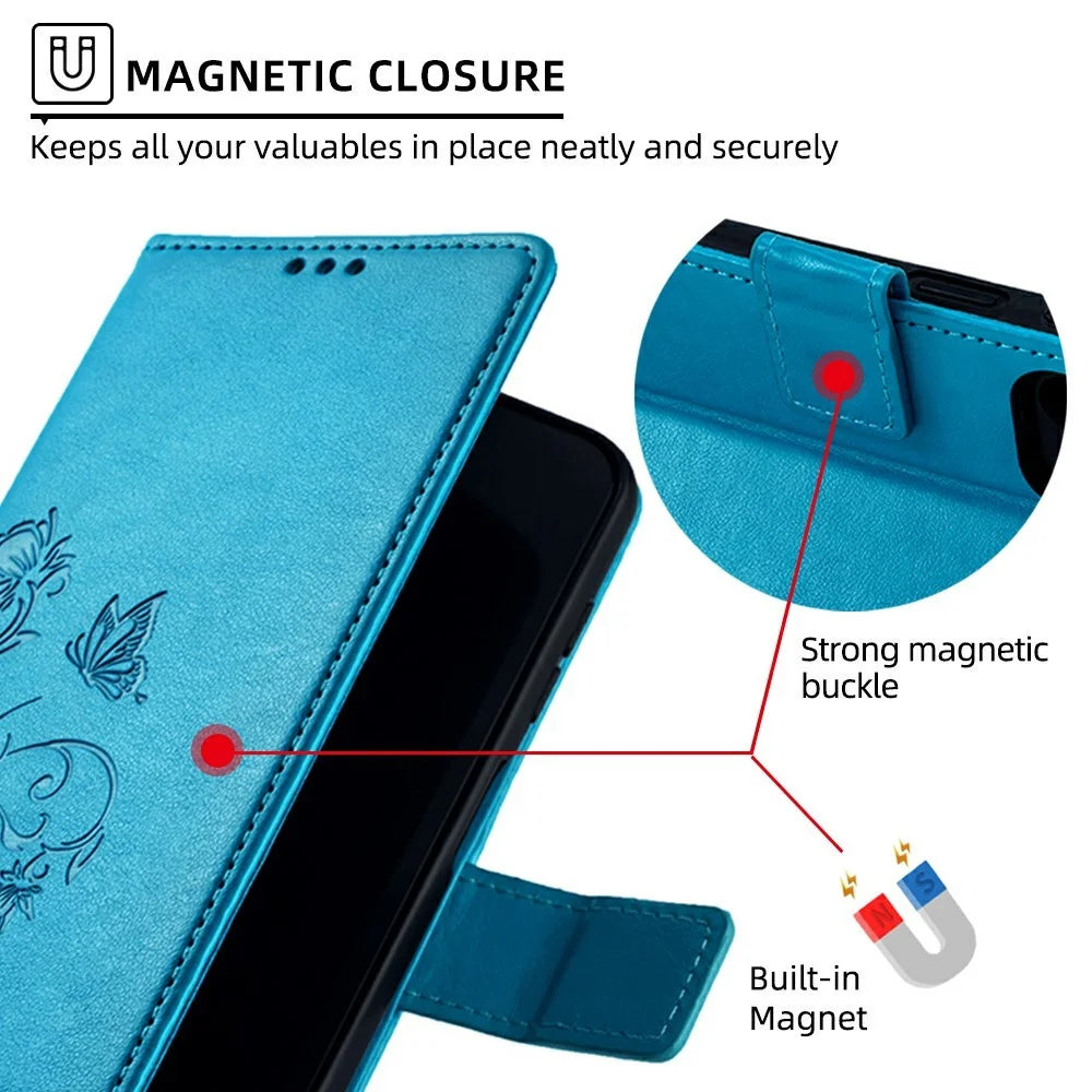For Samsung Galaxy S26 Case Butterfly Flower Imprinted PU Leather Wallet Phone Cover - Blue - 6