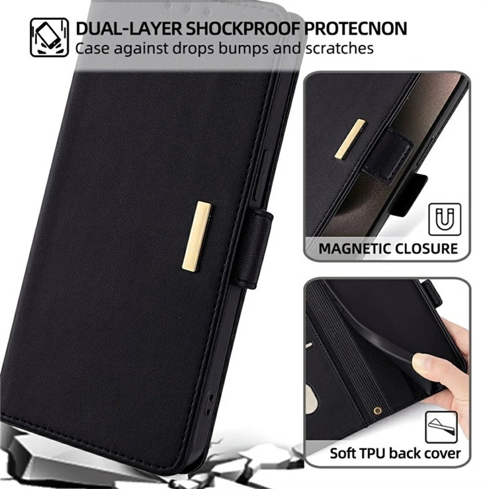 For Samsung Galaxy S26+ Case PU Leather Wallet Stand Phone Cover with Crossbody Shoulder Strap - Black - 7