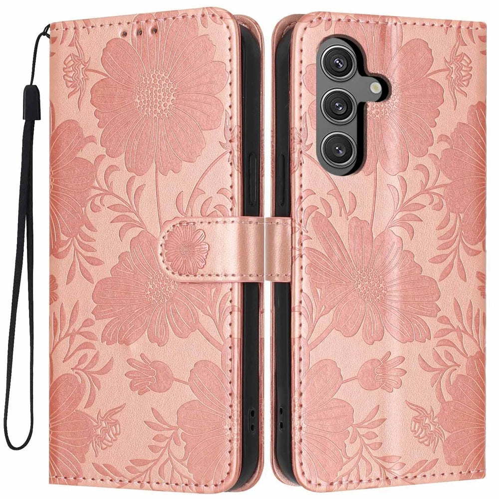 For Samsung Galaxy S24+ Wallet Case Imprint Floral PU Leather Stand Flip Phone Cover with Wrist Strap - Rose Gold - 1