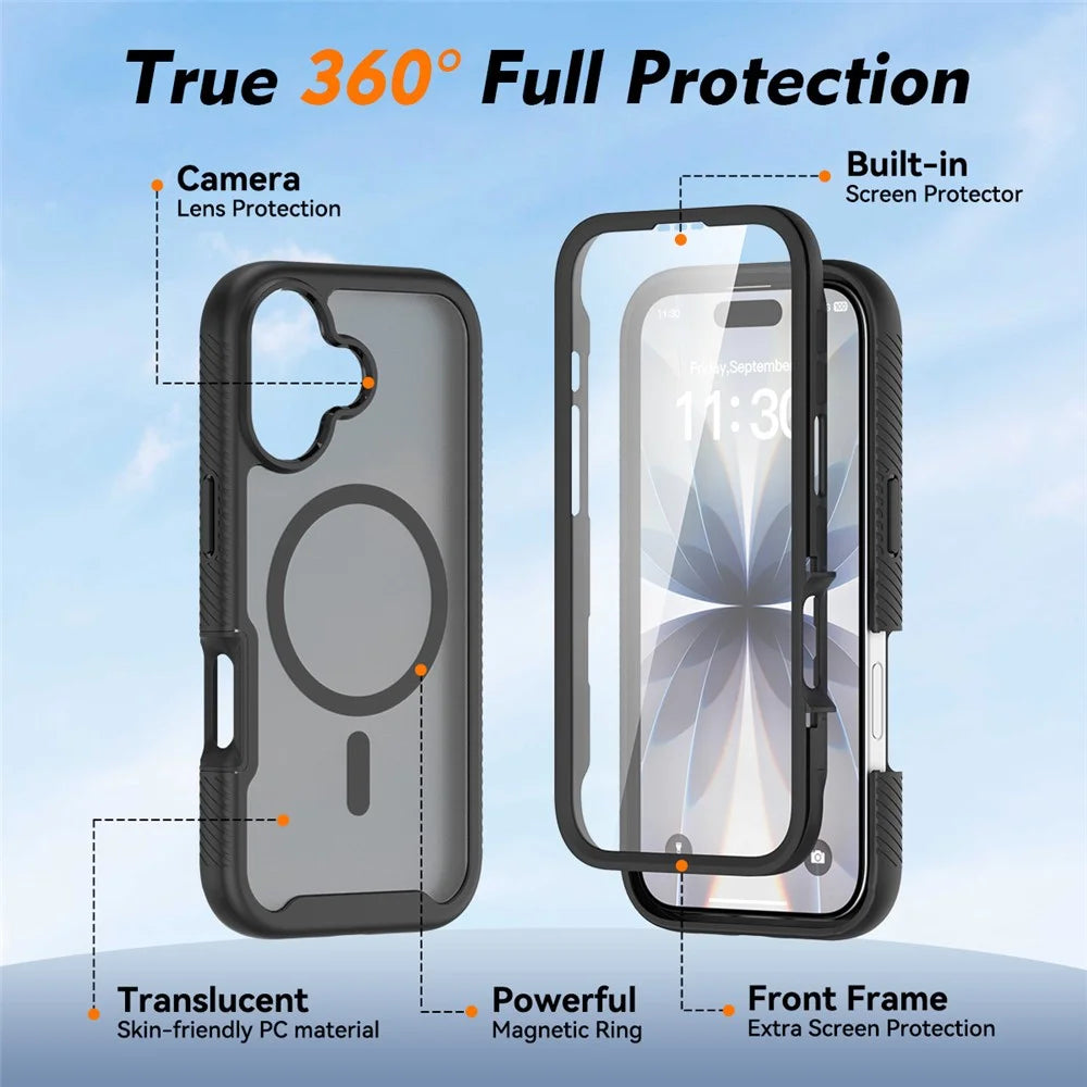 For iPhone 17 Magnetic Phone Case 3 in 1 Translucent Skin Touch PC TPU Back Cover with PET Screen Film - Black - 4