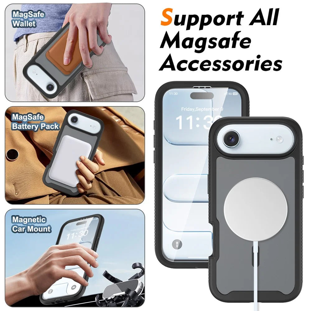 For iPhone Air Magnetic Phone Case 3 in 1 Translucent Skin Touch PC TPU Back Cover with PET Screen Film - Black - 6
