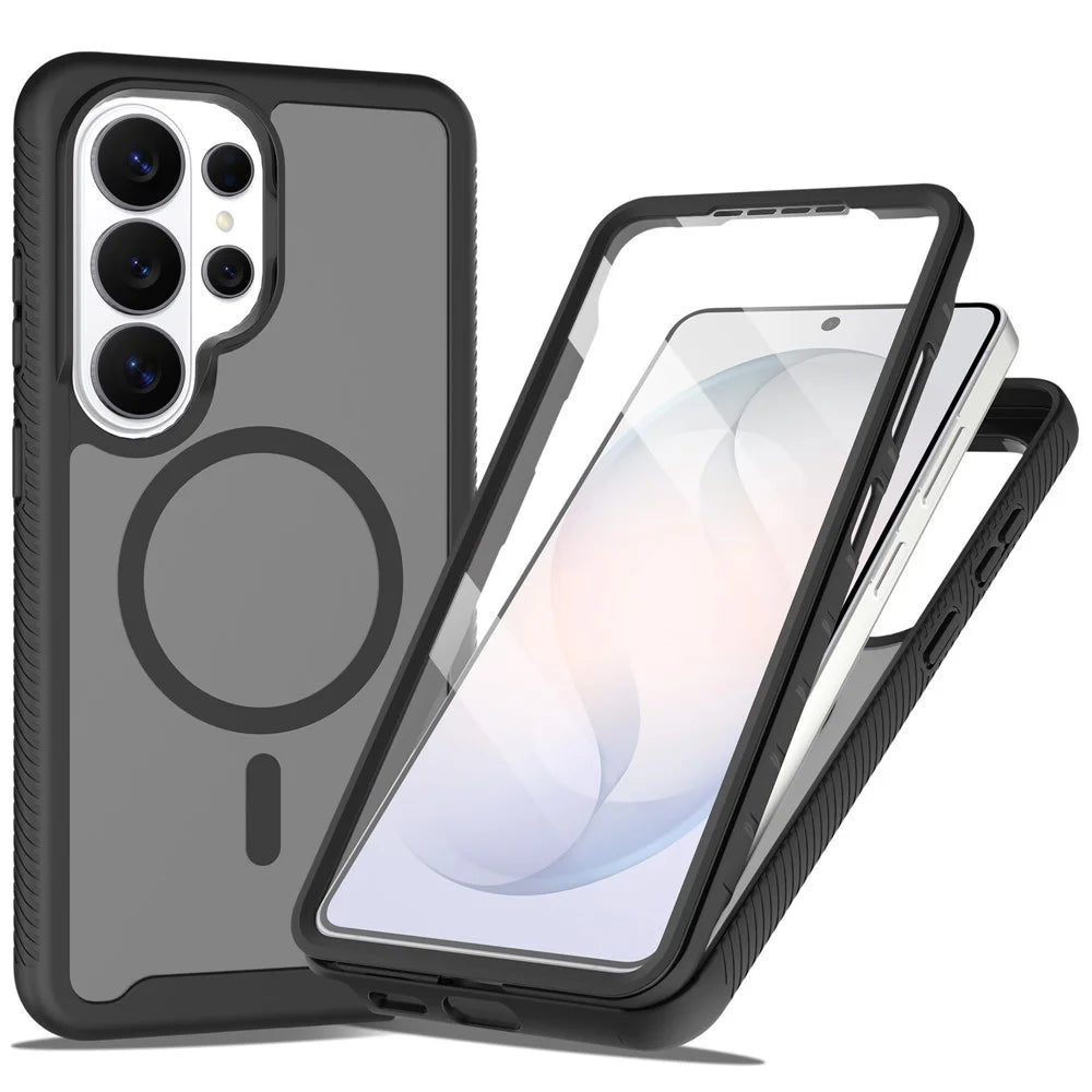 For Samsung Galaxy S25 Ultra Magnetic Phone Case 3 in 1 Translucent Skin Touch PC TPU Back Cover with PET Screen Film - Black - 1