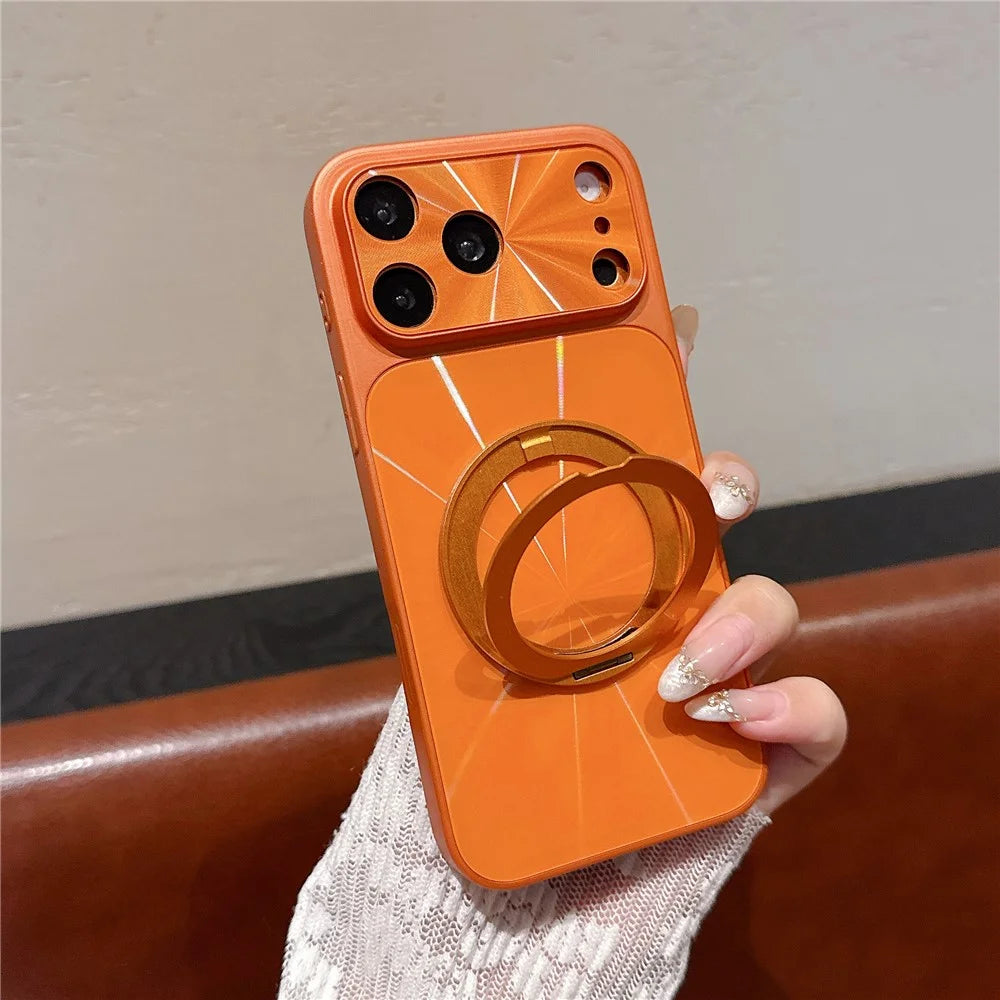 For iPhone 17 Pro Max Magnetic Case with 360° Rotating Ring Kickstand Aurora CD Pattern TPU + PC Phone Cover Compatible with Magsafe - Orange - 2
