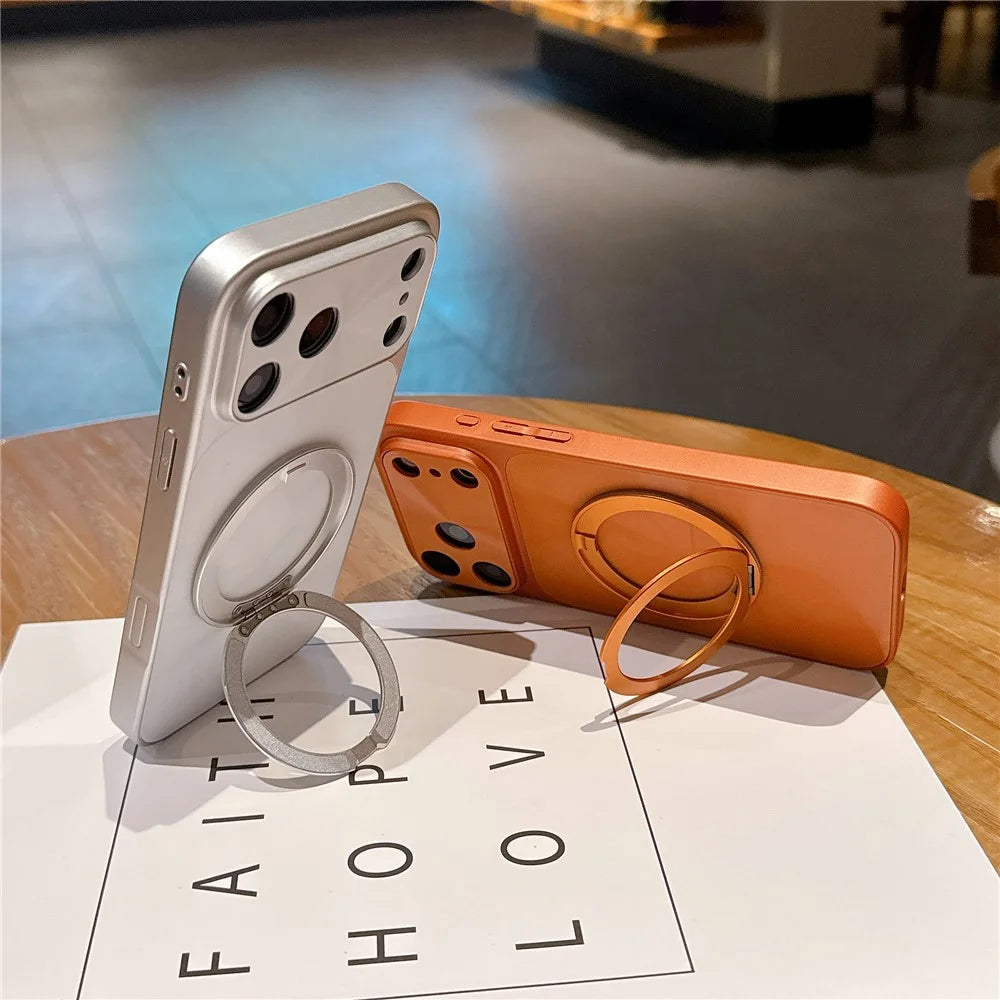 For iPhone 17 Pro Max Magnetic Case with 360° Rotating Ring Kickstand Aurora CD Pattern TPU + PC Phone Cover Compatible with Magsafe - Orange - 3