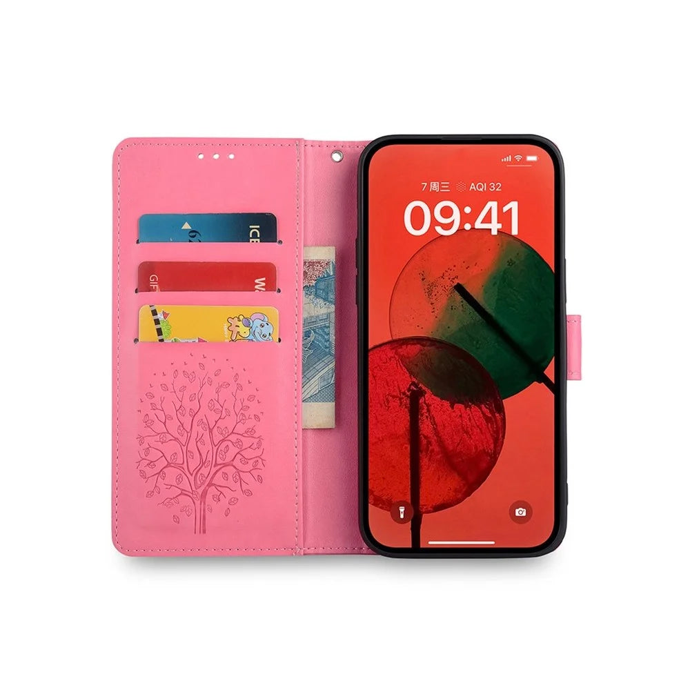 For Samsung Galaxy S26 Case PU Leather Wallet Phone Cover Tree Deer Imprinted - Pink - 2