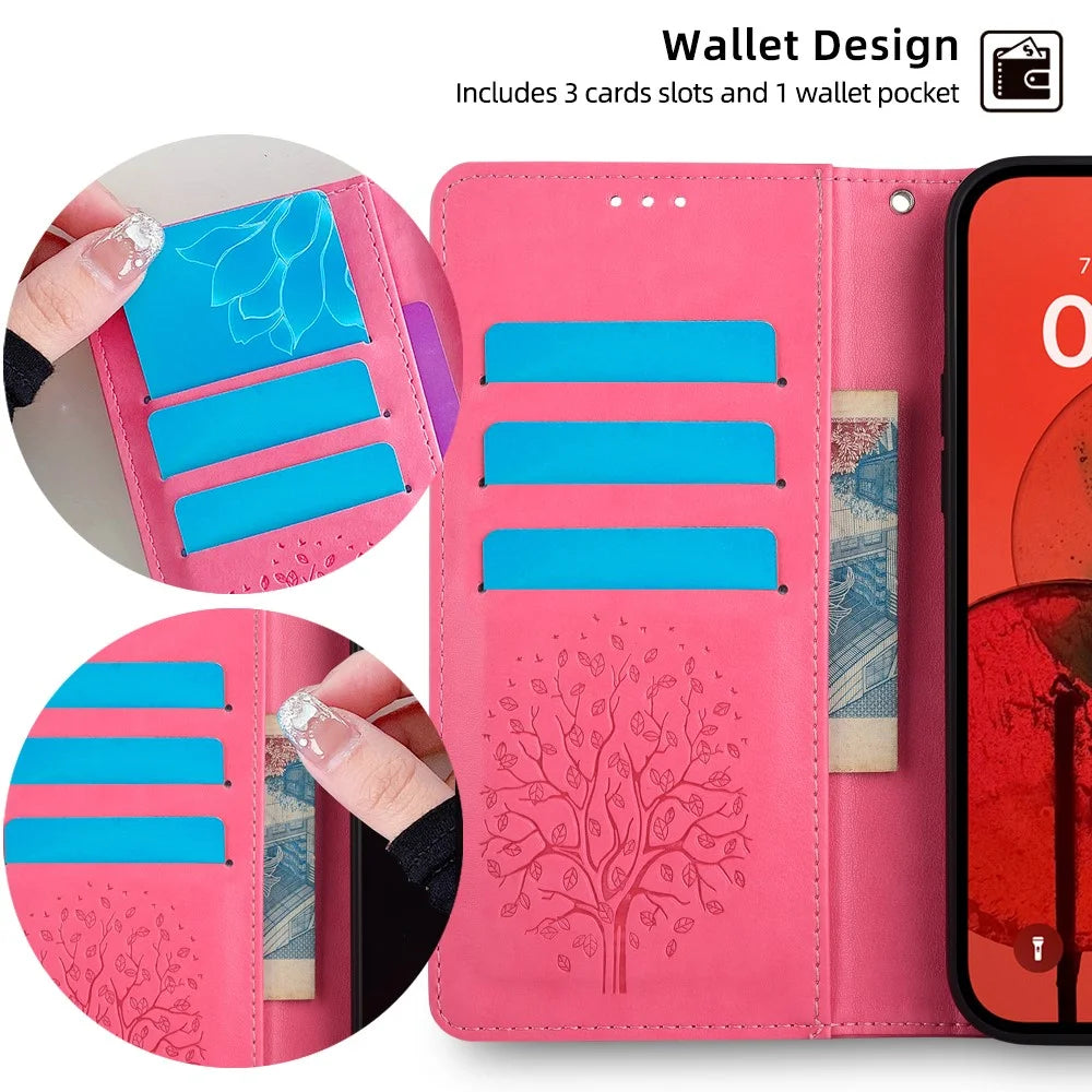 For Samsung Galaxy S26 Case PU Leather Wallet Phone Cover Tree Deer Imprinted - Pink - 4