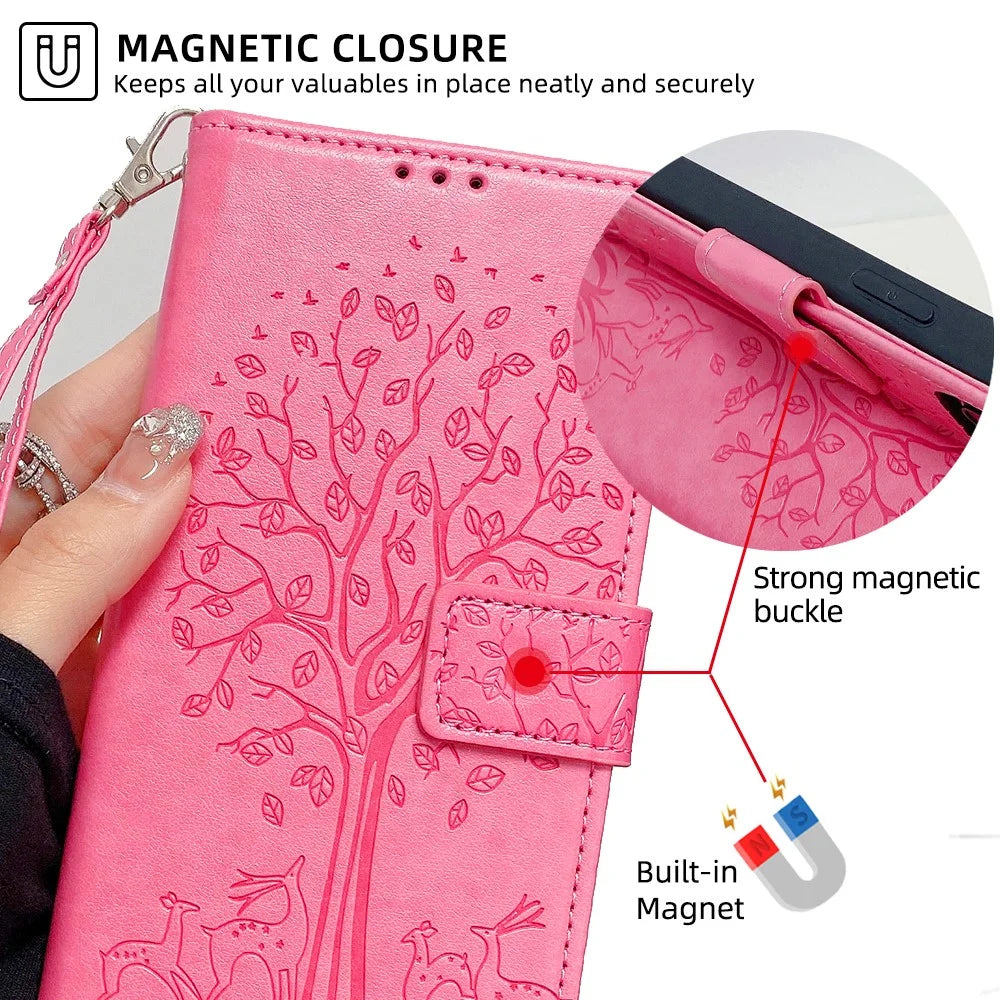 For Samsung Galaxy S26 Case PU Leather Wallet Phone Cover Tree Deer Imprinted - Pink - 5