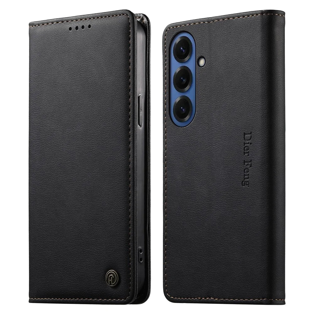 DIERFENG DF-019 for Samsung Galaxy S26 Leather Wallet Case Magnetic Flip Cover with Card Slots RFID Blocking - Black - 1