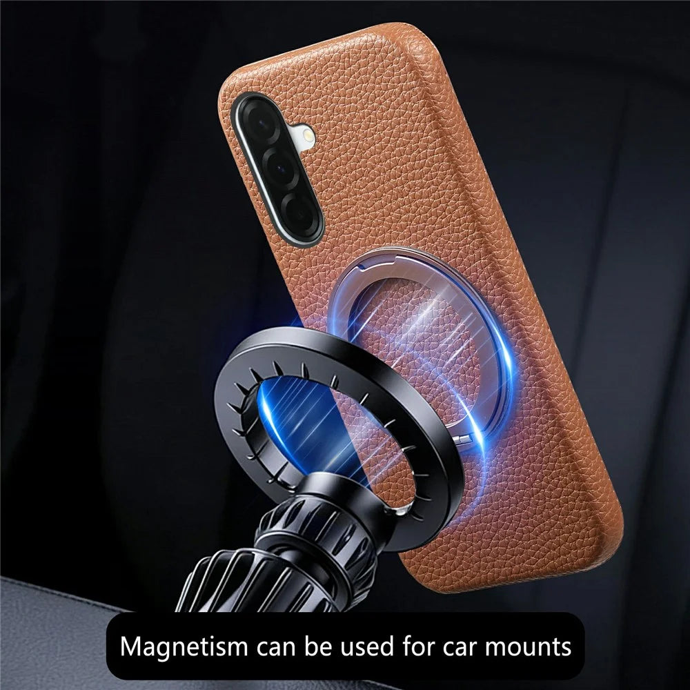 For Samsung Galaxy A37 5G Magnetic Case PC PU Phone Cover with 360 Rotating Ring Kickstand - Brown - 5