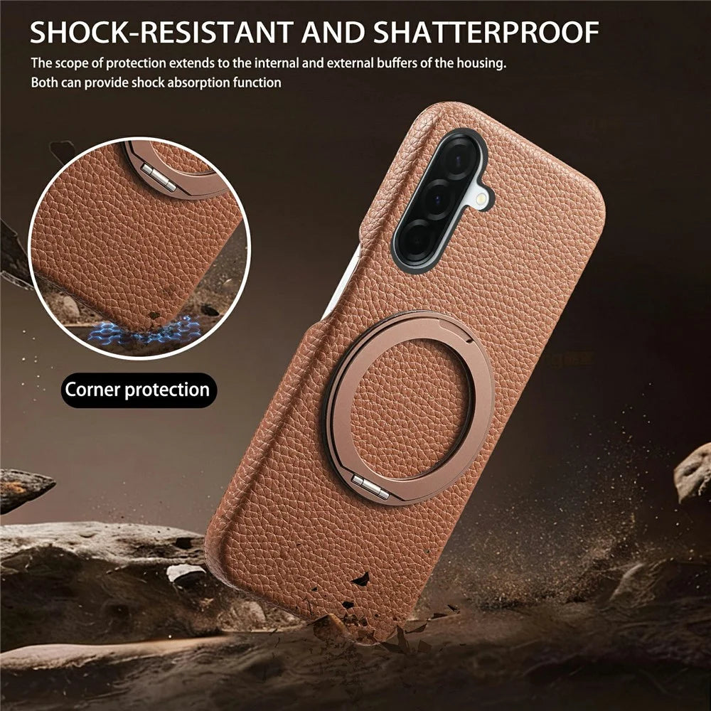 For Samsung Galaxy A26 5G Magnetic Case PC PU Phone Cover with 360 Rotating Ring Kickstand - Brown - 3