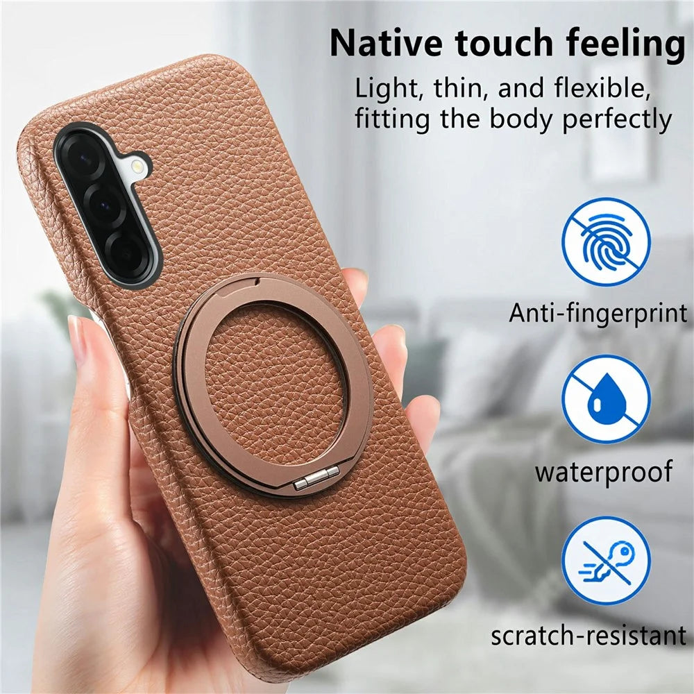 For Samsung Galaxy A26 5G Magnetic Case PC PU Phone Cover with 360 Rotating Ring Kickstand - Brown - 4