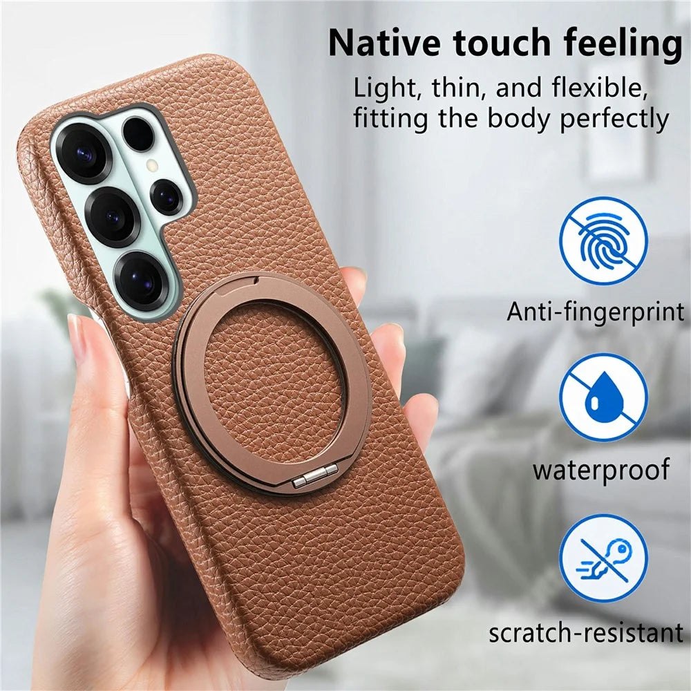 For Samsung Galaxy S26 Ultra Magnetic Case PC PU Phone Cover with 360 Rotating Ring Kickstand - Brown - 4