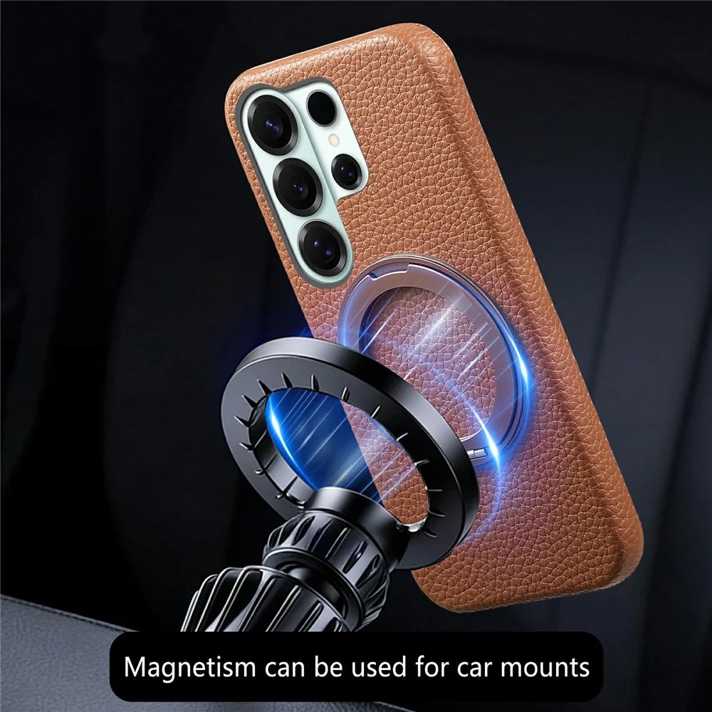 For Samsung Galaxy S26 Ultra Magnetic Case PC PU Phone Cover with 360 Rotating Ring Kickstand - Brown - 5