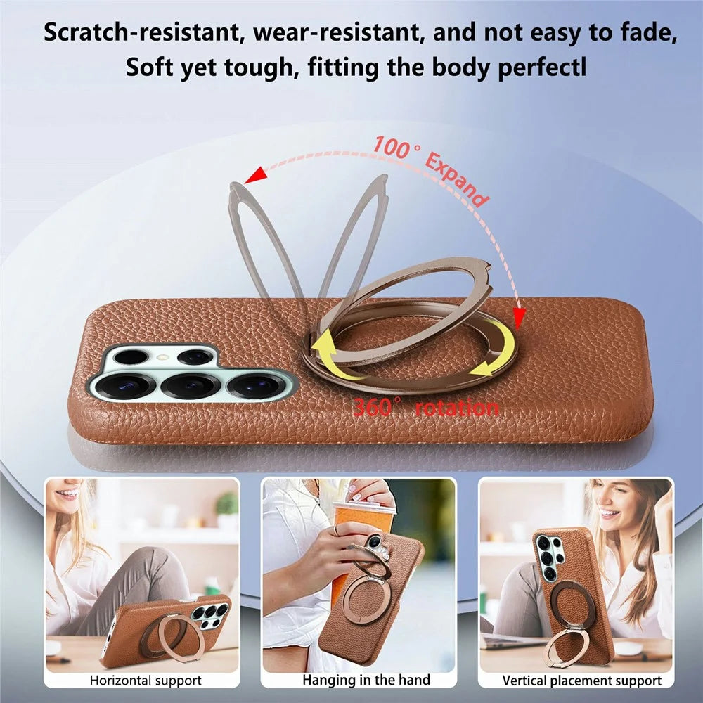 For Samsung Galaxy S26 Ultra Magnetic Case PC PU Phone Cover with 360 Rotating Ring Kickstand - Brown - 7