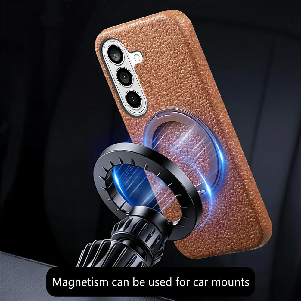 For Samsung Galaxy S25+ Magnetic Case PC PU Phone Cover with 360 Rotating Ring Kickstand - Brown - 5