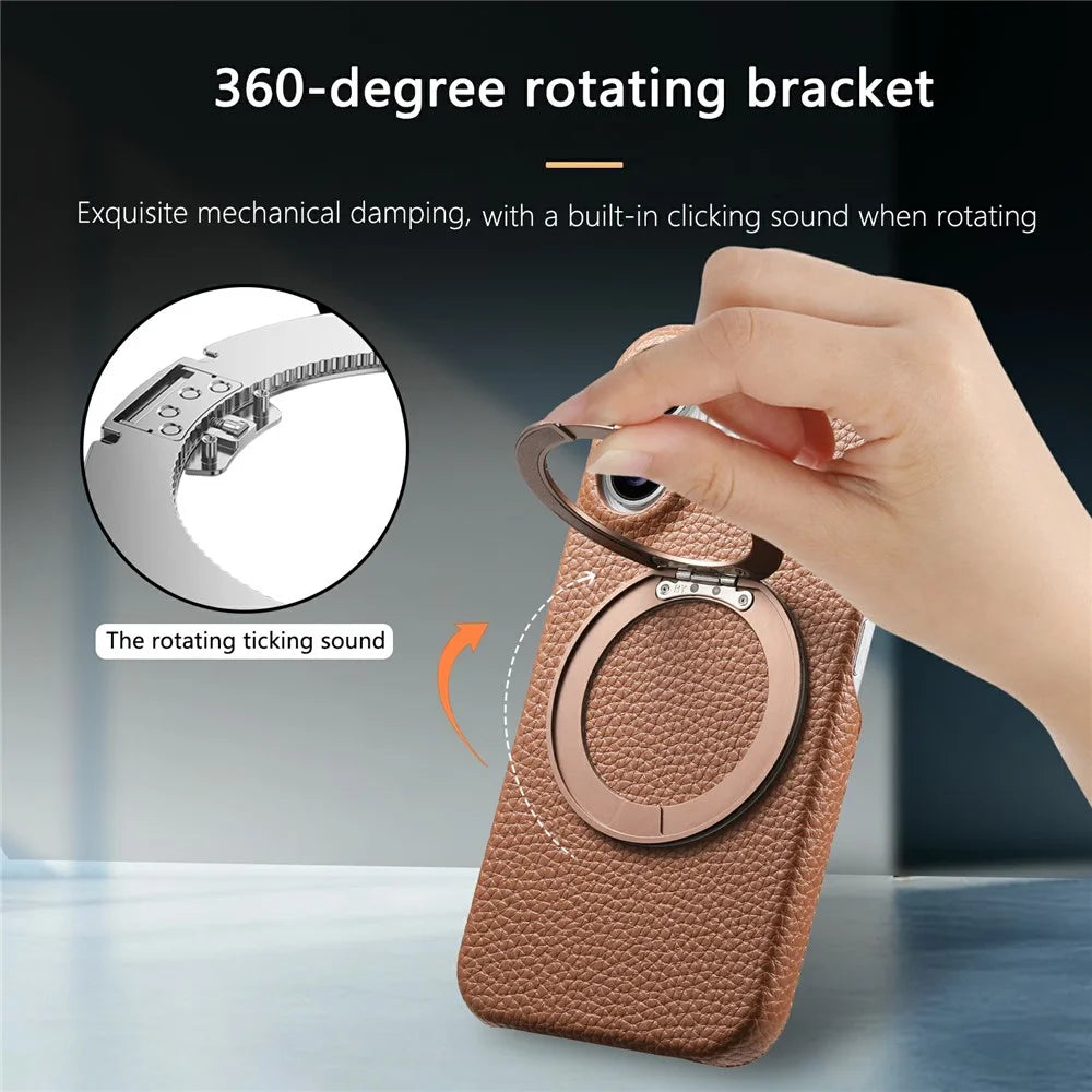 For Samsung Galaxy S25+ Magnetic Case PC PU Phone Cover with 360 Rotating Ring Kickstand - Brown - 6
