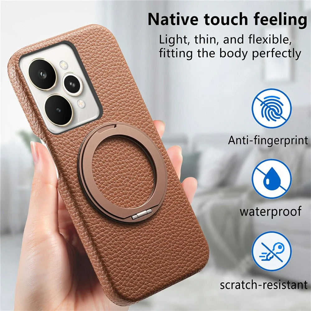 For Realme 15 Pro 5G Magnetic Case PC PU Phone Cover with 360 Rotating Ring Kickstand - Brown - 4
