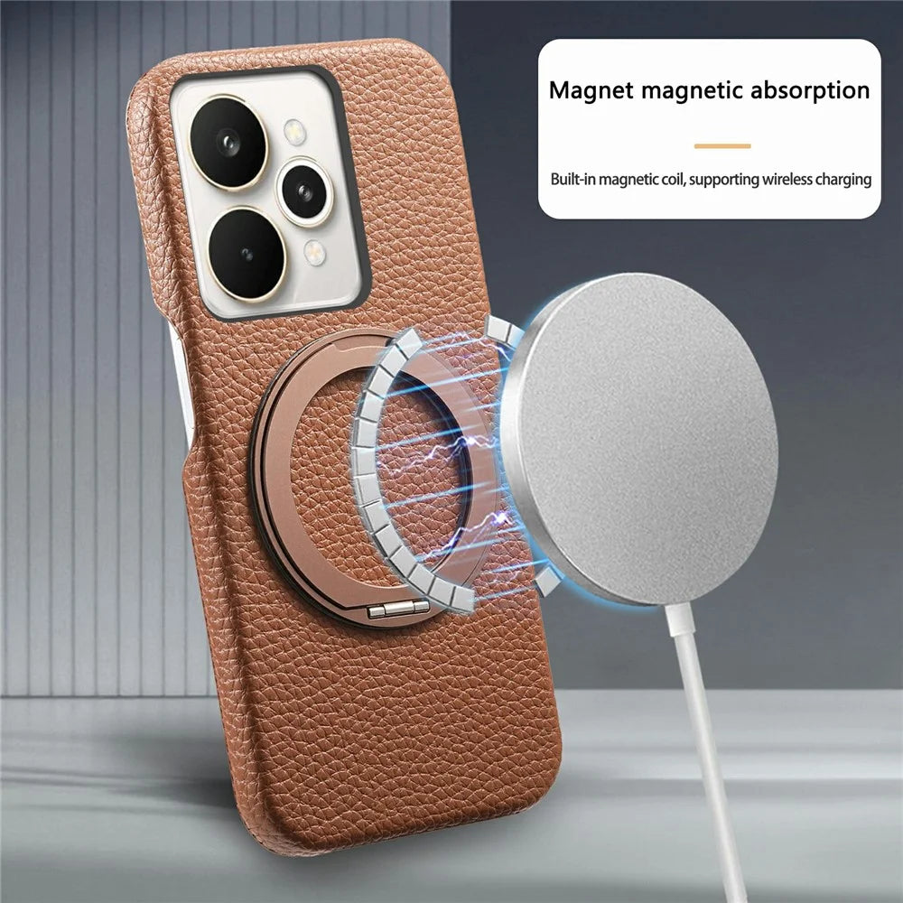 For Realme 15 Pro 5G Magnetic Case PC PU Phone Cover with 360 Rotating Ring Kickstand - Brown - 6