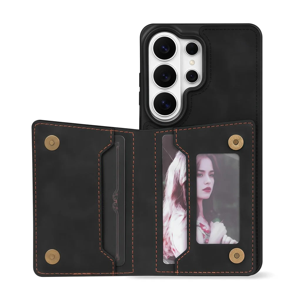 For Samsung Galaxy S26 Ultra Case Line Imprinted Color Splicing Leather Phone Cover - Black - 2